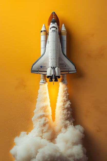 Space Shuttle Launch with Billowing Smoke Against Vibrant Orange Background A Dynamic