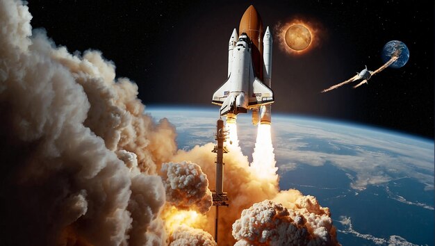 A space shuttle launching from Earth