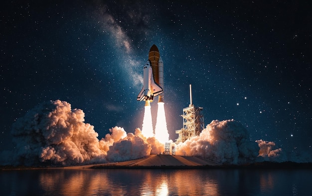 Photo space shuttle launching into night sky with milky way