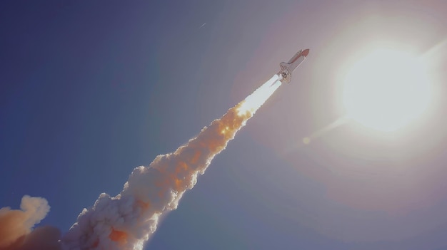 Photo space shuttle launching into the sky with a trail of smoke