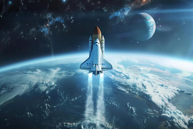 Space shuttle launching in open space with Earth below ocean and sky visible Planets in background image elements