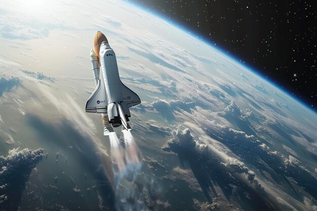 Space shuttle launching in space above Earth with sky and clouds below provided elements