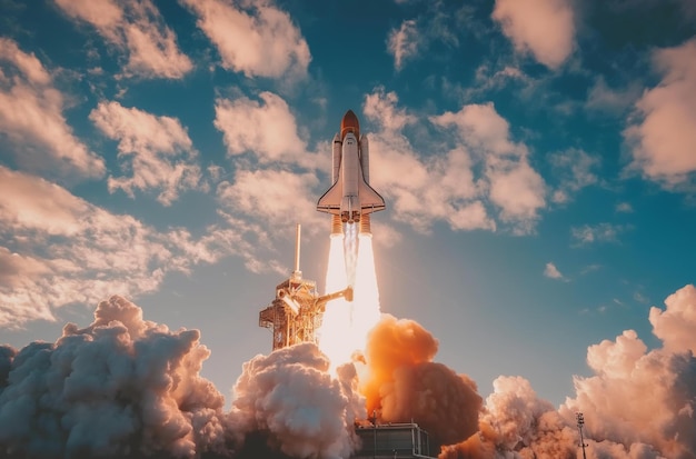 A space shuttle rocket launching into the sky with bright exhaust flames and clouds surrounding the