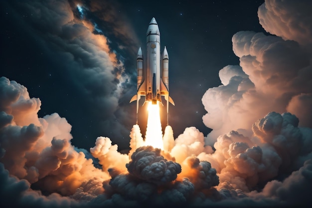 A space shuttle takes off in the clouds