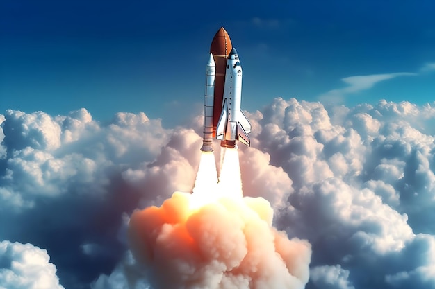 A space shuttle taking off in the clouds