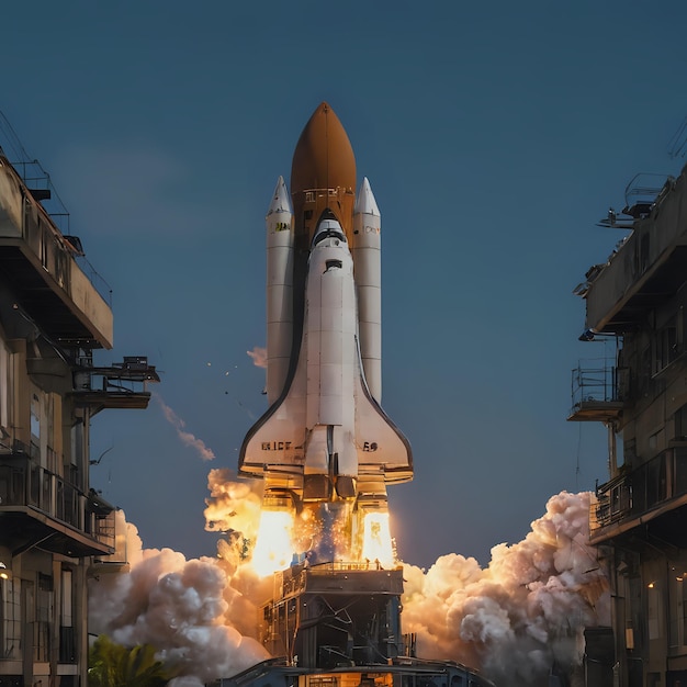 a space shuttle taking off from a building with smoke coming out of it