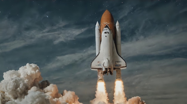 a space shuttle taking off from a launch pad with smoke coming out