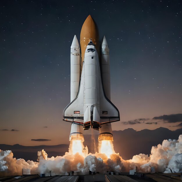 a space shuttle taking off from a runway with smoke coming out of it