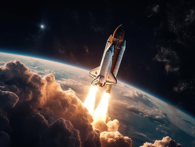 Space shuttle taking off into the sky Created with Generative AI technology