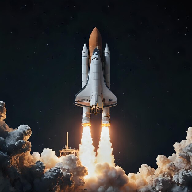 a space shuttle taking off into the sky with clouds