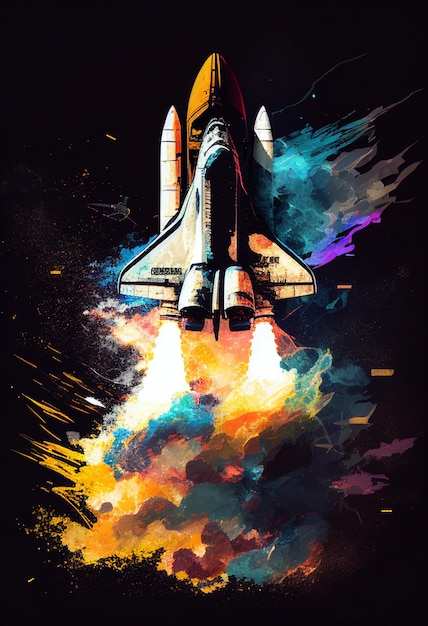 Space shuttle taking off into the sky with colorful smoke generative ai