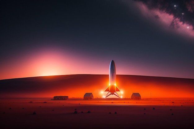 A space shuttle taking off with a desert background.