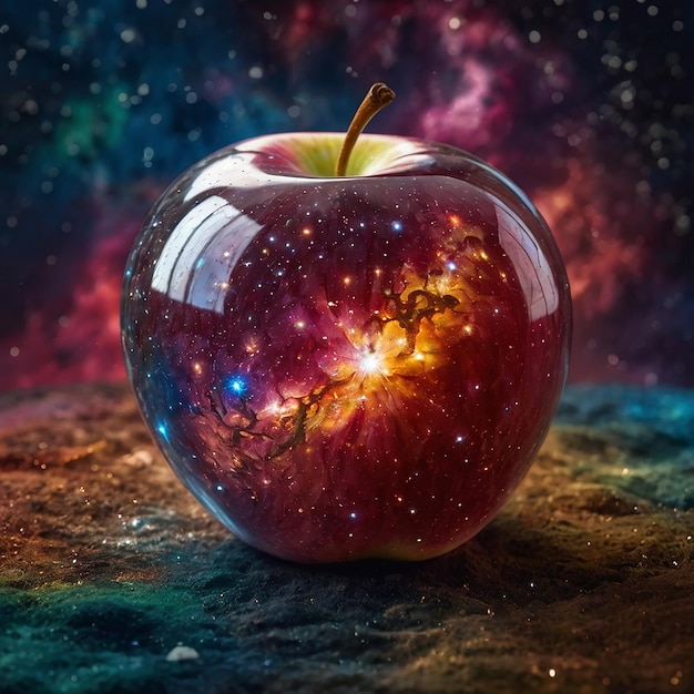 Space stars and galaxies inside an apple made of crystal generated by AI