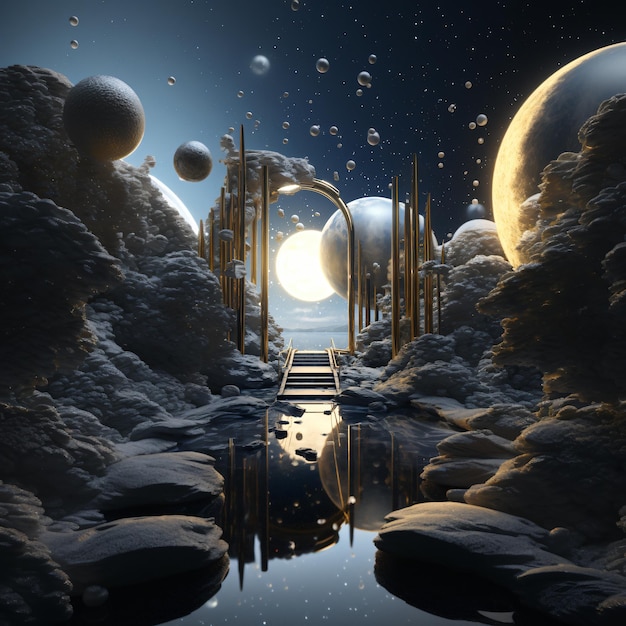 a space station covered in boulders and stars surrounded by a small walkway