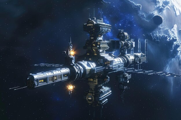 Space station in deep space futuristic sci fi wallpaper with elements from