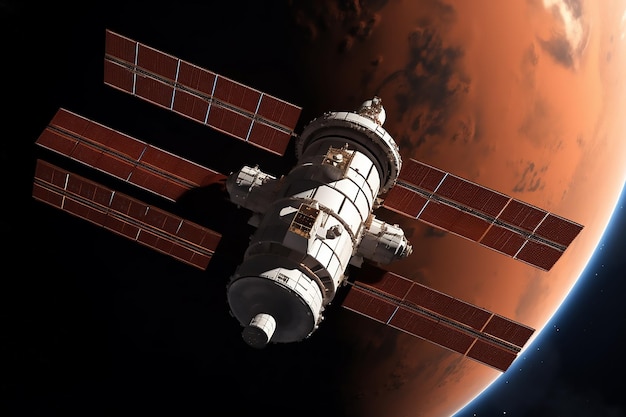 A space station in space with red planet in the background