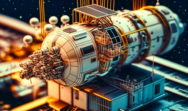 A space station with 1950s scifi aesthetics vintage computers and rocket ships