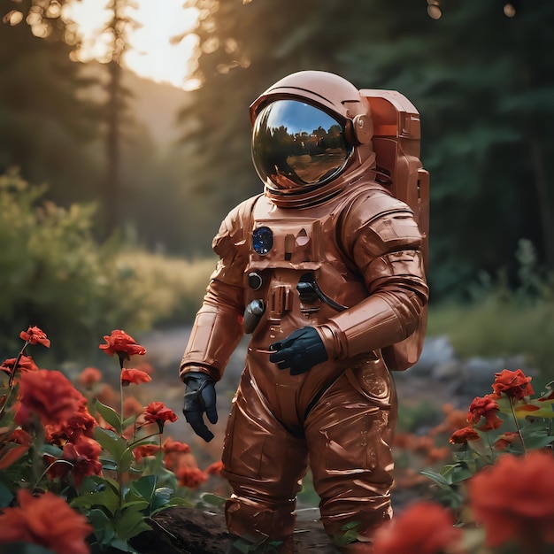 a space suit of a space suit with a mountain in the background