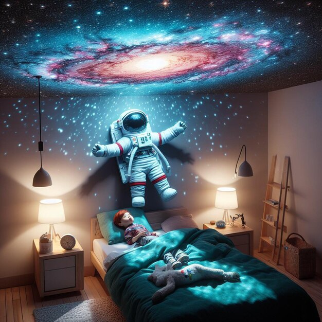 a space themed bedroom with a astronaut on the wall and a child in a space that says space under the