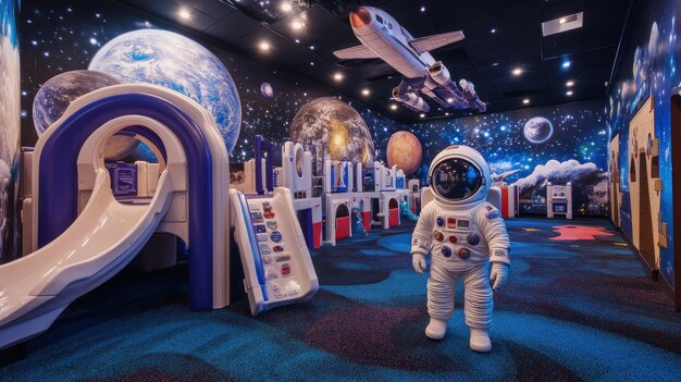 Photo space themed playroom with astronaut figure