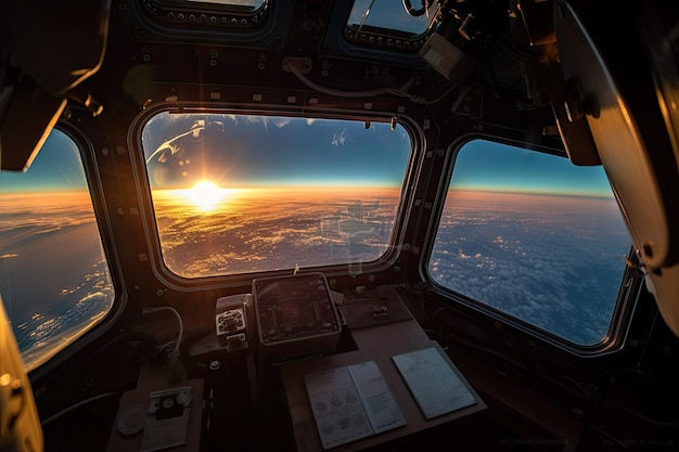 Space tourist witnessing sunrise from space station window