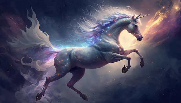 Space Unicorn in space Godlike creature cosmic awe inspiring dreamy digital illustration Generative ai