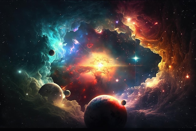 A space wallpaper with a nebula and planets