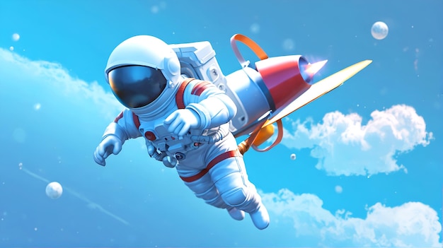 spaceman astronaut flying with 3d rocket