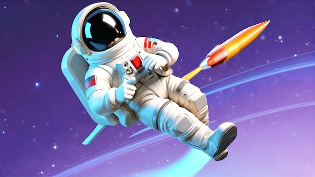 spaceman astronaut flying with 3d rocket