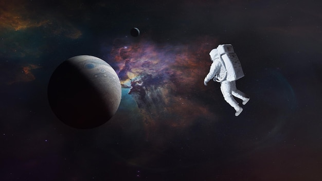 Spaceman is flying in outer space close to Jupiter planet Elements of this image furnished by NASA