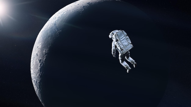 Spaceman is flying in outer space on Moon background Elements of this image furnished by NASA