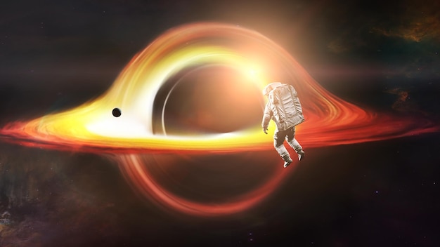 Spaceman looks at black hole and planet in deep space Realistic science fiction art