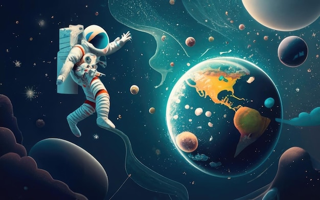 Spaceman and planet human in space concept