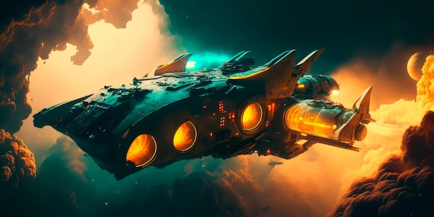 Spaceship floating through the depths of outer space at the speed of light Generative AI