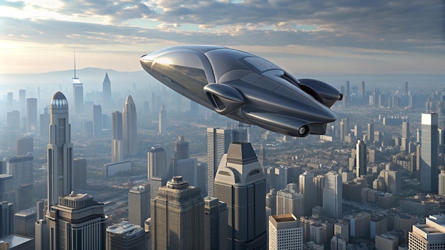 a spaceship flying over a city with a city in the background