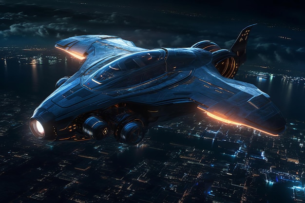 A spaceship flying over a city with the lights on.