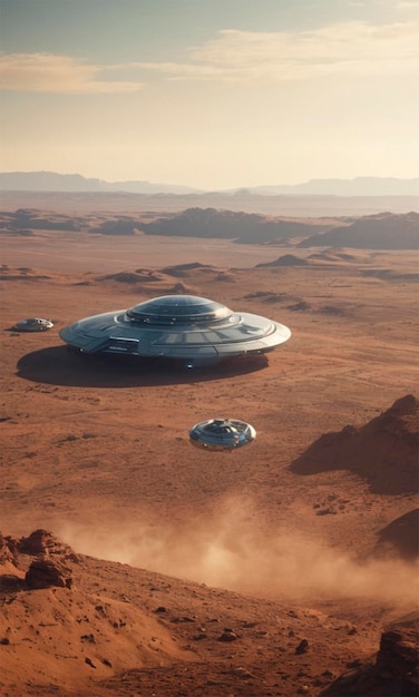 a spaceship flying over a desert with a sky background