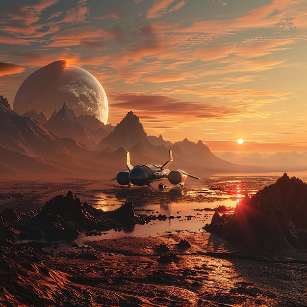 Photo a spaceship flying over a mountain with a planet in the background