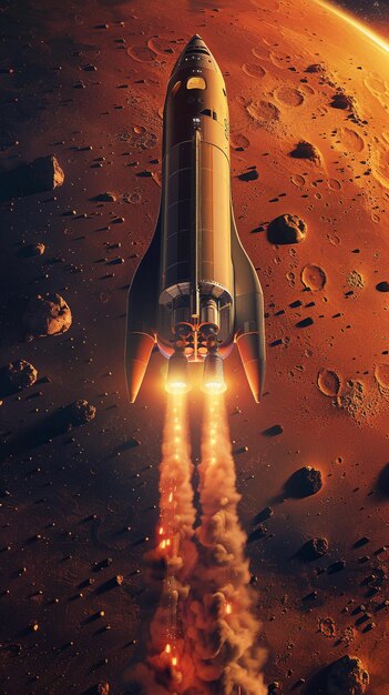 spaceship flying over a red planet with a rocket in the sky generative ai