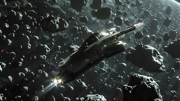 Spaceship flying through an asteroid field