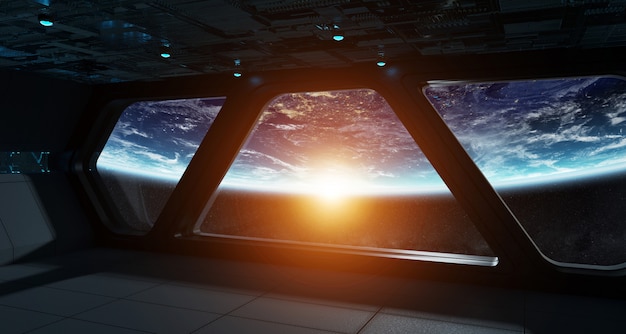 Spaceship futuristic interior with view on planet Earth