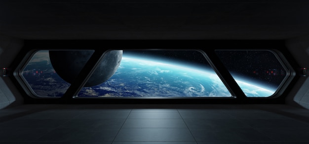 Spaceship futuristic interior with view on planet Earth