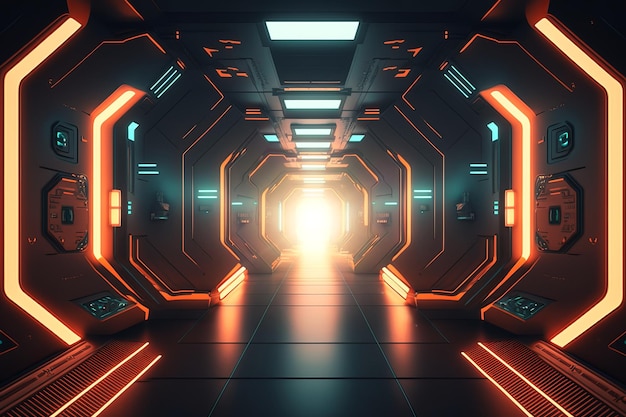 Spaceship futuristic scifi tunnel passageway with glowing shiny neon lights futuristic scifi background hight resolution 3D illustration