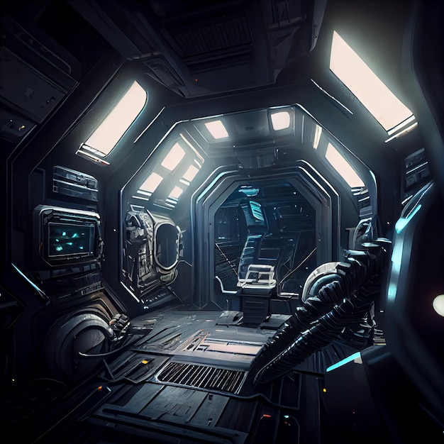 Spaceship interior dark futuristic corridor generative AI