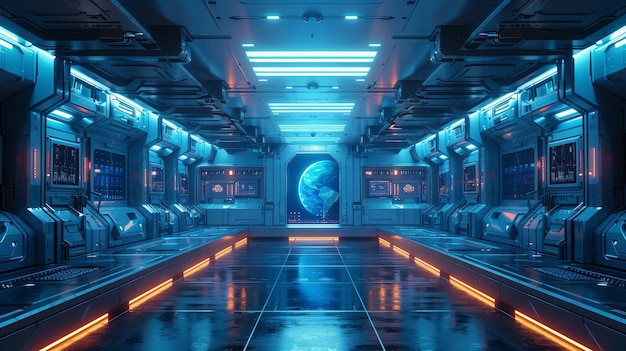 Spaceship interior with view on blue and orange neon lights 3D rendering