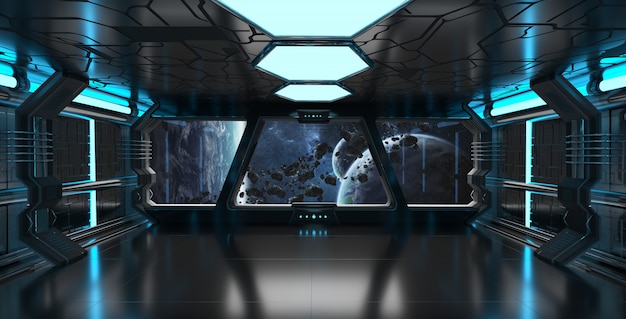 Spaceship interior with view on distant planets system 3D rendering elements of this image furnished by NASA