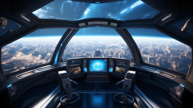 Spaceship interior with view on earth 3d rendering