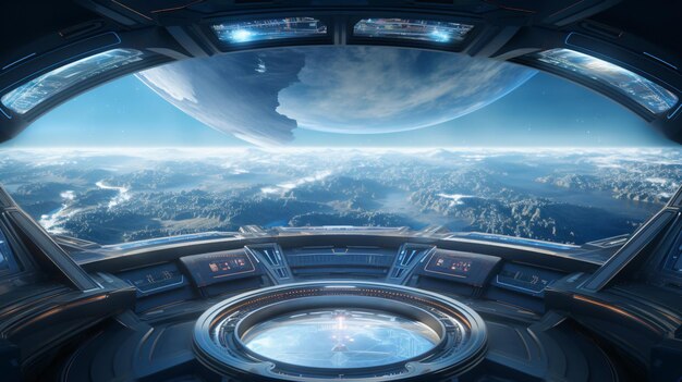 Spaceship interior with view on earth 3d rendering