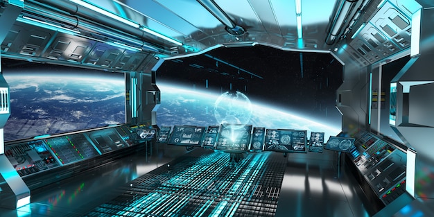 Spaceship interior with view on the planet Earth 3D rendering