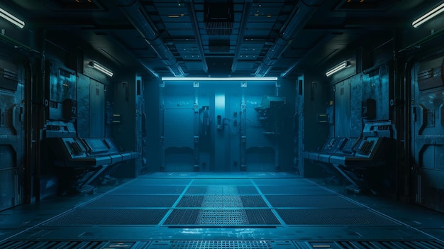 Spaceship interior with window view on corridor 3D rendering